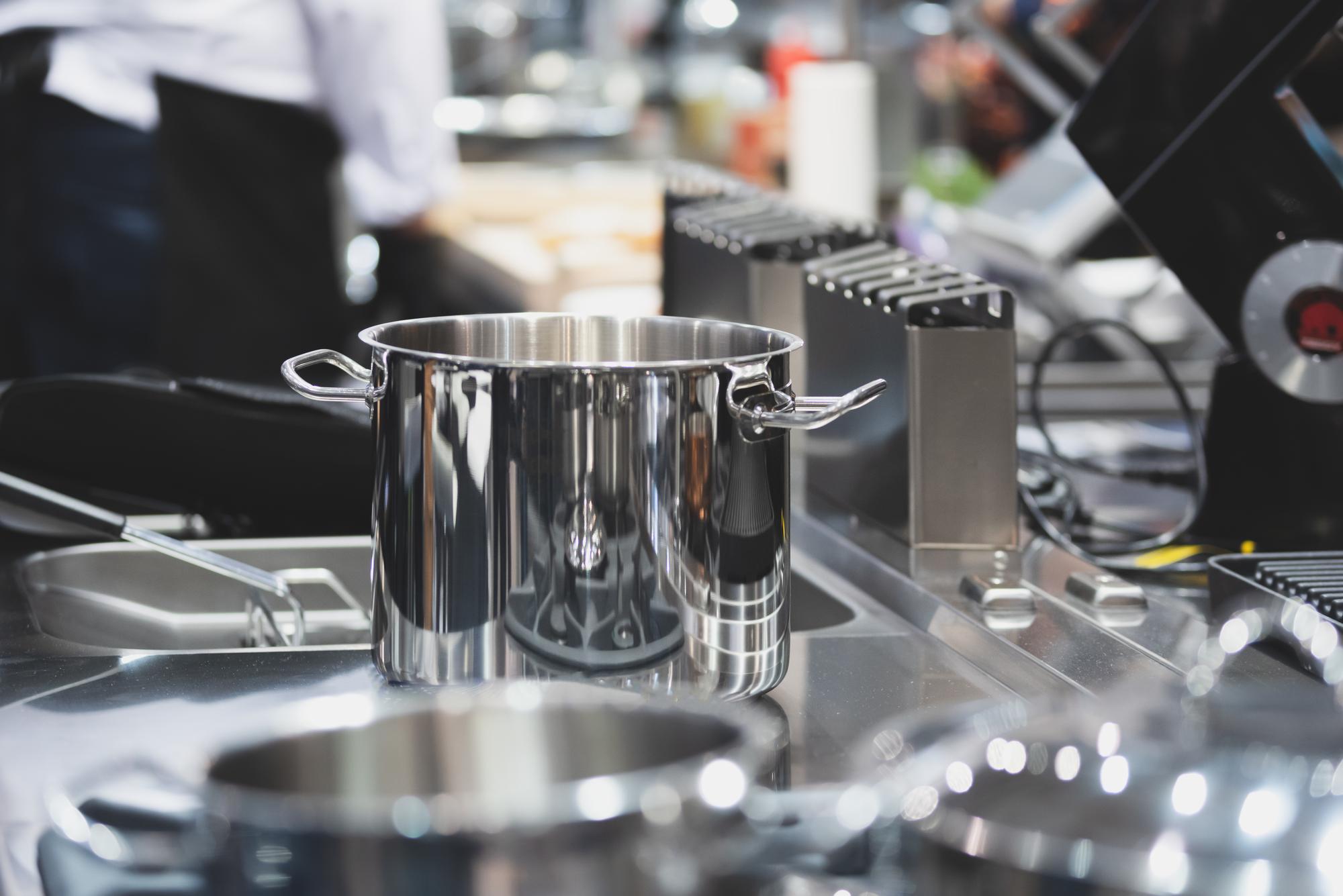 Studio kitchen with stainless steel surfaces and tools